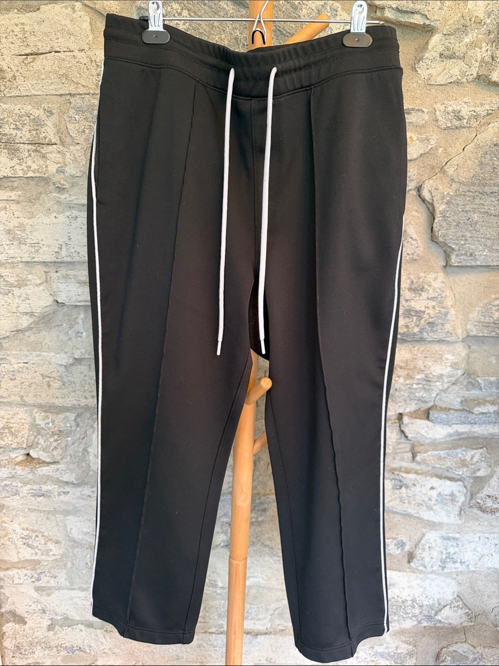 Men's Black Drawstring Track Pants with White Piping